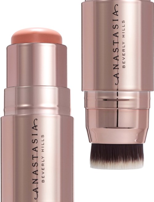 To sminkestifter med rosa emballasje og en børste, merket 'Anastasia Beverly Hills' for ansiktet eller kinnene.