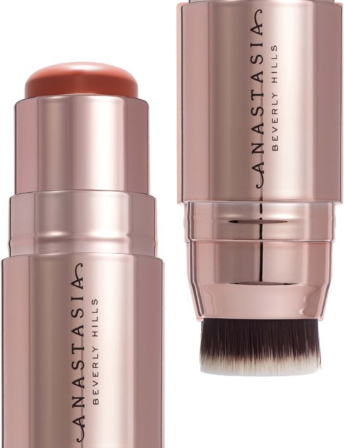 To kosmetikkprodukter i rosa beholdere, en med rund topp og en med makeupbørste.