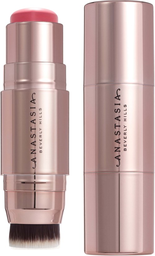 To rosegullfargede flasker, en med pumpe og børste, merket 'Anastasia Beverly Hills'.