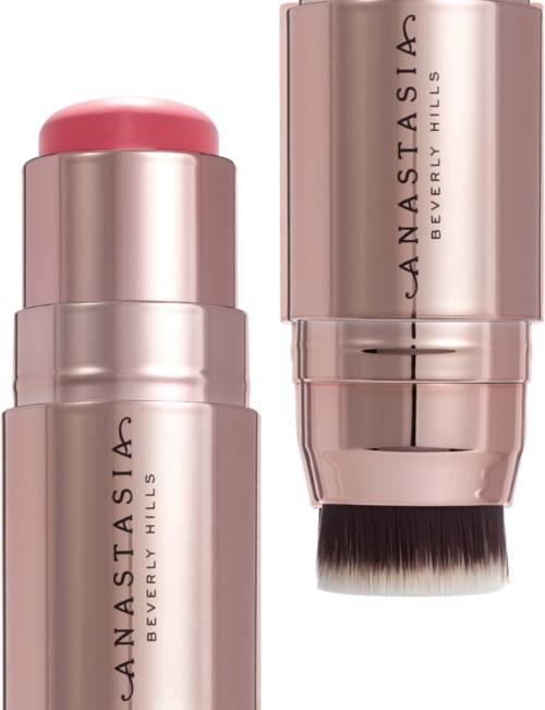 To sminkebørster med rosa og sølvgrep, en står og en ligger. De er fra Anastasia Beverly Hills.