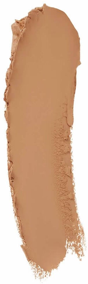 En beige sminkprodukt prov på en svart bakgrund med små ojämna kanter.