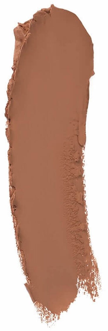 En vertikal provsträng av brun-beige smink eller kräm, med släta och texturerade områden.