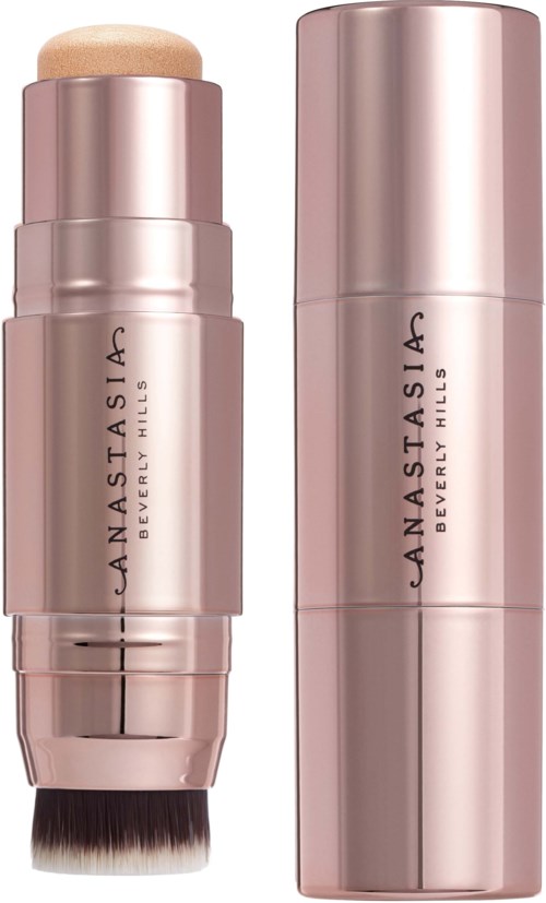 To rosa beholdere med 'Anastasia Beverly Hills' skrevet på, sandsynligvis makeupprodukter eller foundations.
