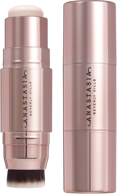 To roseguldfarvede skønheds produkter, en med pumpe og børste, mærket 'Anastasia Beverly Hills'.