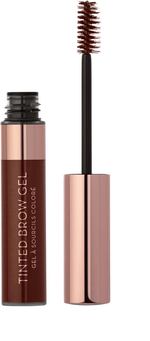 En bryngel i tube med børste, merket "TINTED BROW GEL," i rosegull og brunt.