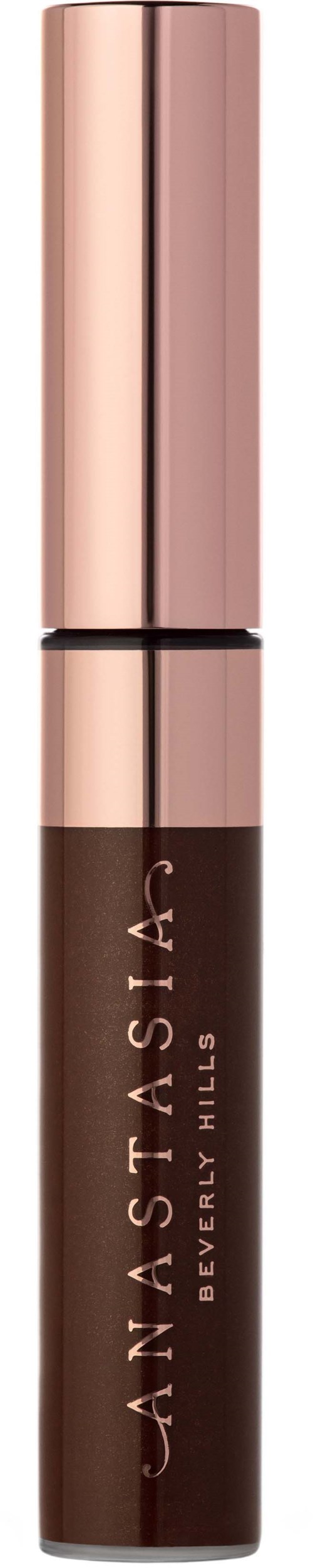En läppstiftsrör med roseguldslock och mörkbrunt skaft, märkt 'Anastasia Beverly Hills.'