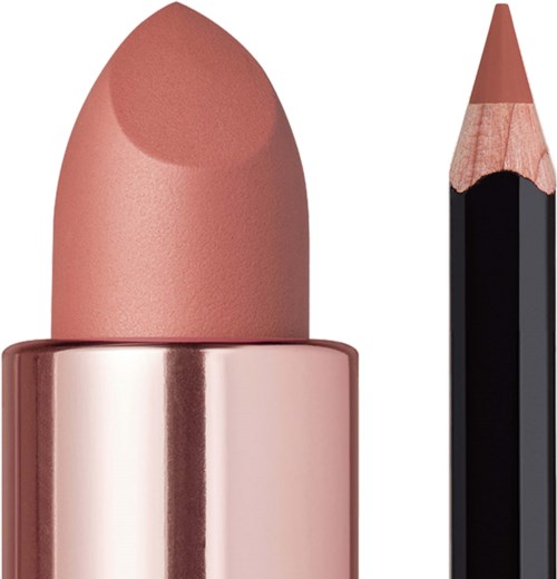 A nude lipstick and a matching lip liner pencil are shown side by side.