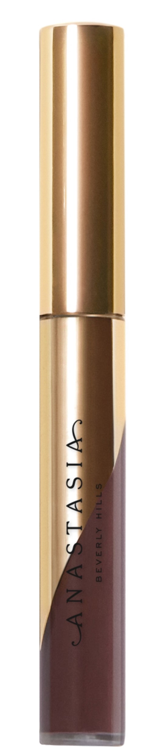 Lippenstift mit goldener Kappe und durchsichtigem Körper, zeigt dunkelbraune Farbe. Der Markenname 'Anastasia' ist auf ihm.