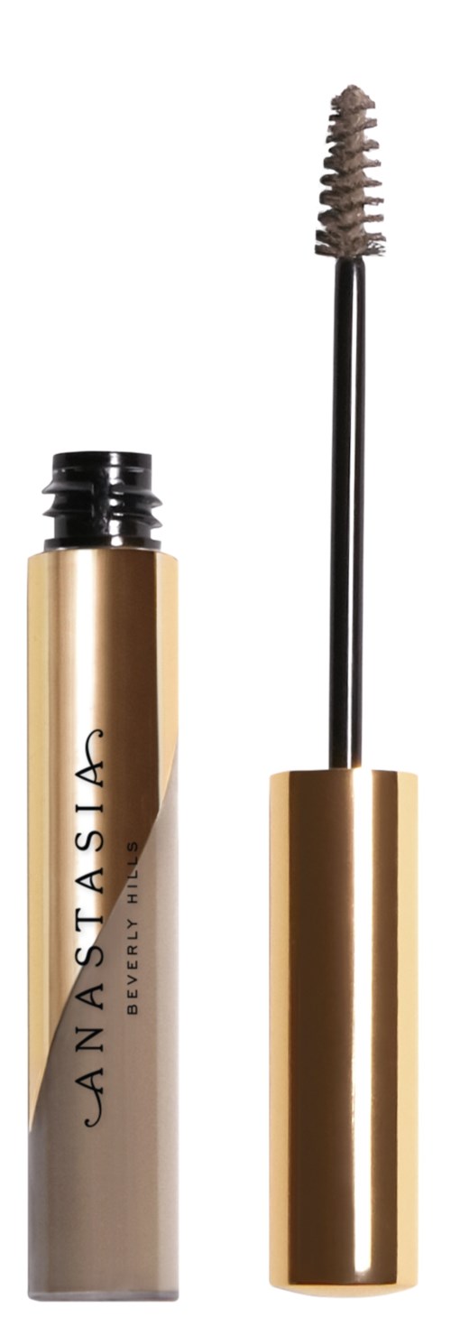Ein gold-schwarzer Tubenmascara von Anastasia Beverly Hills, mit offenem Pinsel nach oben gerichtet.