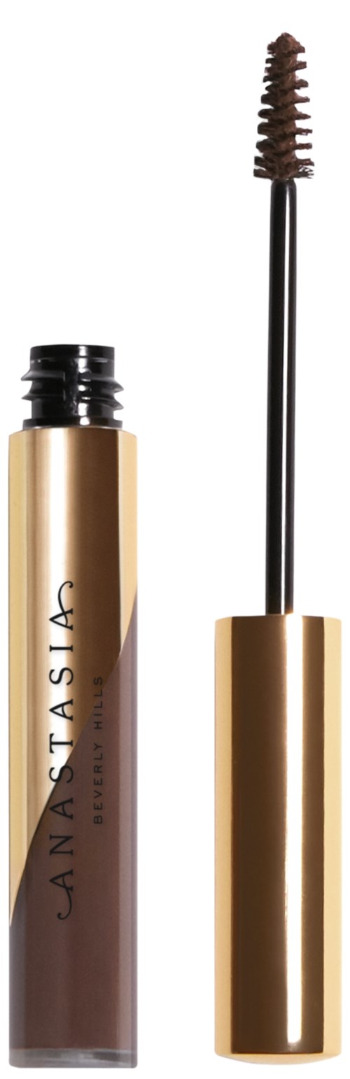 Ein Mascara-Röhre mit offener Bürste und brauner Mascara. Gold und Schwarz.