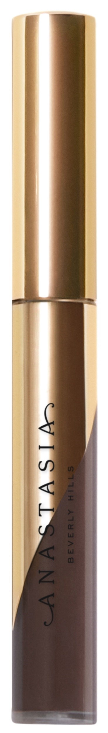 Ein brauner flüssiger Lippenstift mit goldener Kappe und schwarzem Text auf der Tube, der Anastasia Beverly Hills liest.