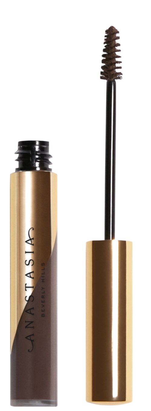 Mascara-Tube mit Bürste, schwarzer Flüssigkeit, goldene und braune Gestaltung, Markenname 'ANASTASIA' auf Tube.