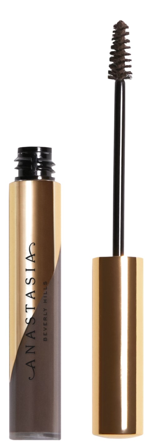 Ein Mascara-Röhre mit goldener Kappe und Applikatorbürste. Der Markenname 'Anastasia' ist auf der Tube.