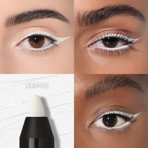 Nærbilde av øyne med hvit eyeliner og mascara, som viser ulike øyenfarger og makeup-stiler, sammen med Arctic øyenskyggepen.