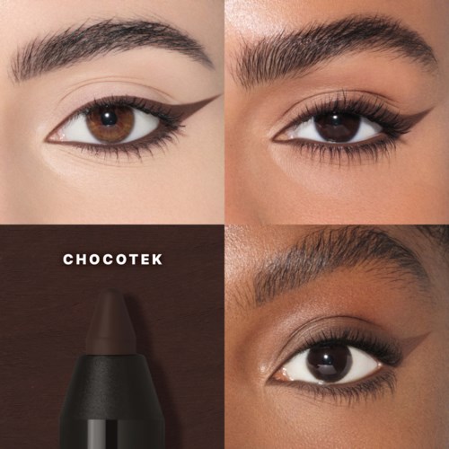 Nærbilde av fire ulike øyesminke-utseender og en flaske med Chocotek makeup-produkt.