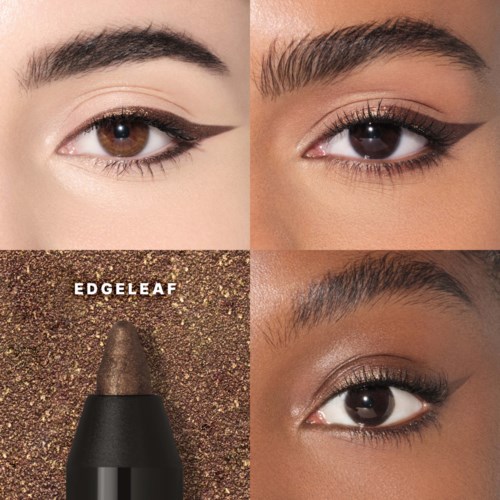 Nærbilde av tre øyemakeup-looks og en øyenskyggestick på en glitterbakgrunn.