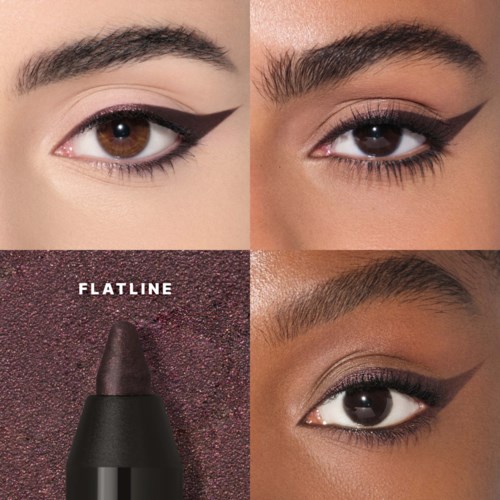 Nærbilde av tre modelløyne med ulike øyemakeup-stiler og en svart leppeblyant med en perlemorsskimrende mørk leppestift.