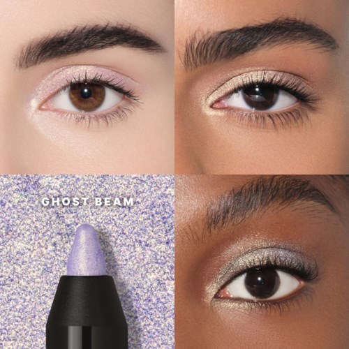 Fire øyne med ulike sminkelstiler og en lilla makeup-penne merket Ghost Beam.