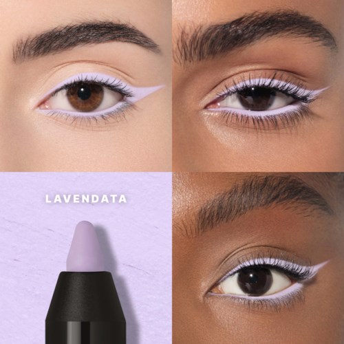 Nærbilde av øyne med lavendel- og hvit øyensminke, og en lavendelfarget eyelinerpenne merket Lavandata.
