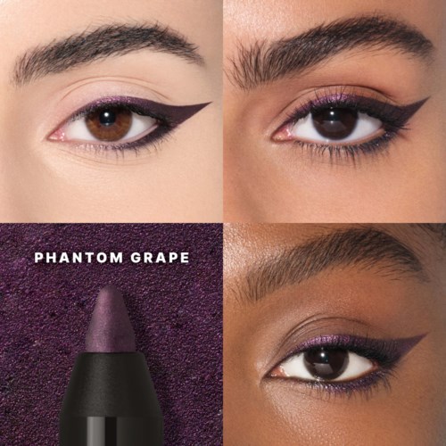 Nærbilde av tre modeller som viser øyemakeup, med lilla leppestiftprøve merket Phantom Grape.