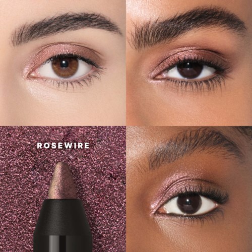 Nærbilde av fire øyemakeup-utseender med rosa og brune nyanser, viser forskjellige øyenfarger og stiler.