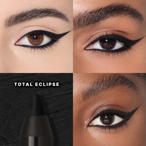 Fire nærbilder av øyne med svart eyeliner, sammen med en svart eyeliner-penn og teksten TOTAL ECLIPSE.