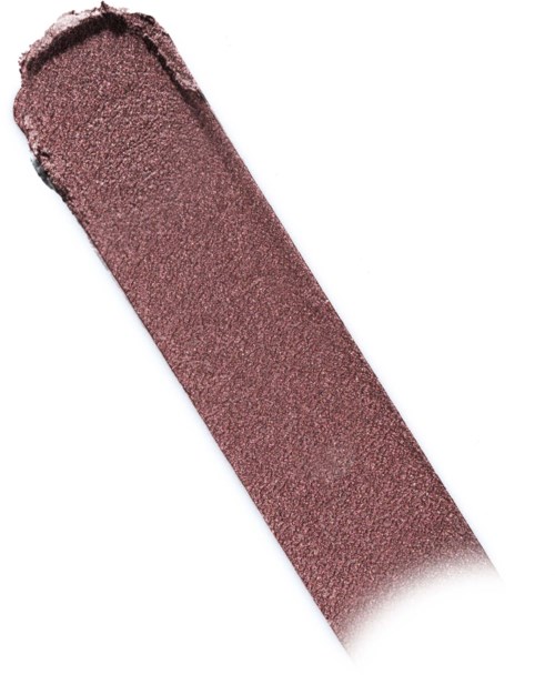 En skimmerøyenskyggeprøve i rosa-brun farge med glitter. Den er lang og buet, viser tekstur og farge.