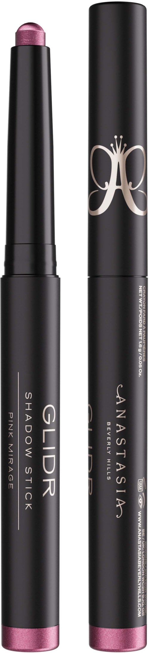 To svarte sminke-stifter med rosa spisser, merket 'GLDR SHADOW STICK' og 'JANSTASIA'.