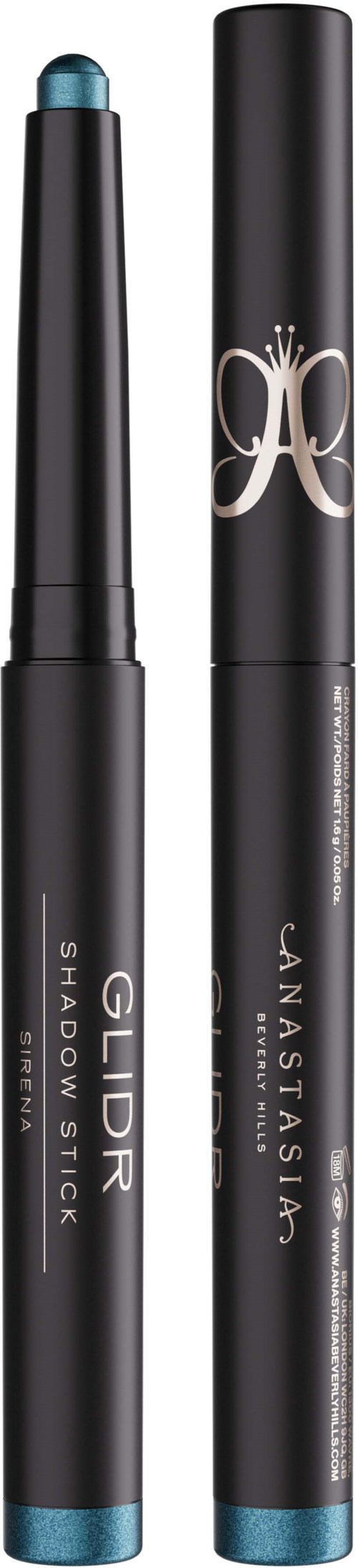 To svarte sminkestifter med blå topper, merket 'GLIDR Shadow Stick' og 'Juvia's Place'.