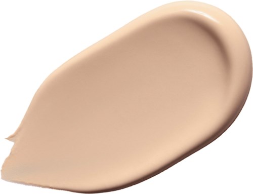 En beige flytande foundation-svärta med slät yta, runda kanter, på vit bakgrund.