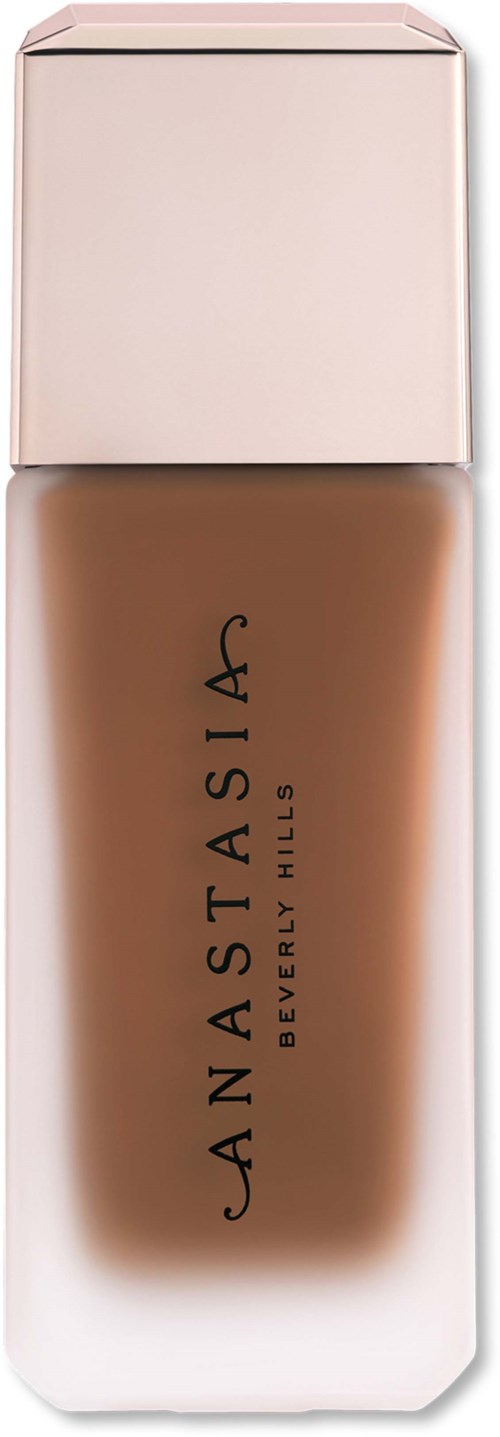 En flaska flytande foundation med enkel vit och tydlig design, märkt Anastasia Beverly Hills.