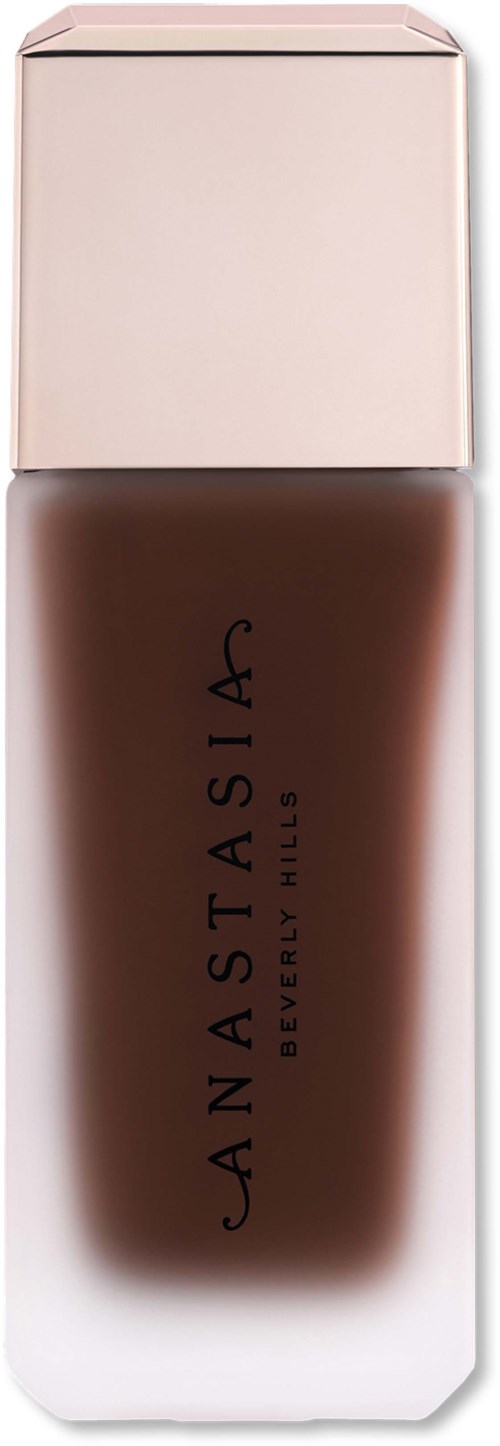 En foundationflaska med brun vätska och ljusrosa lock, märkt Anastasia Beverly Hills.