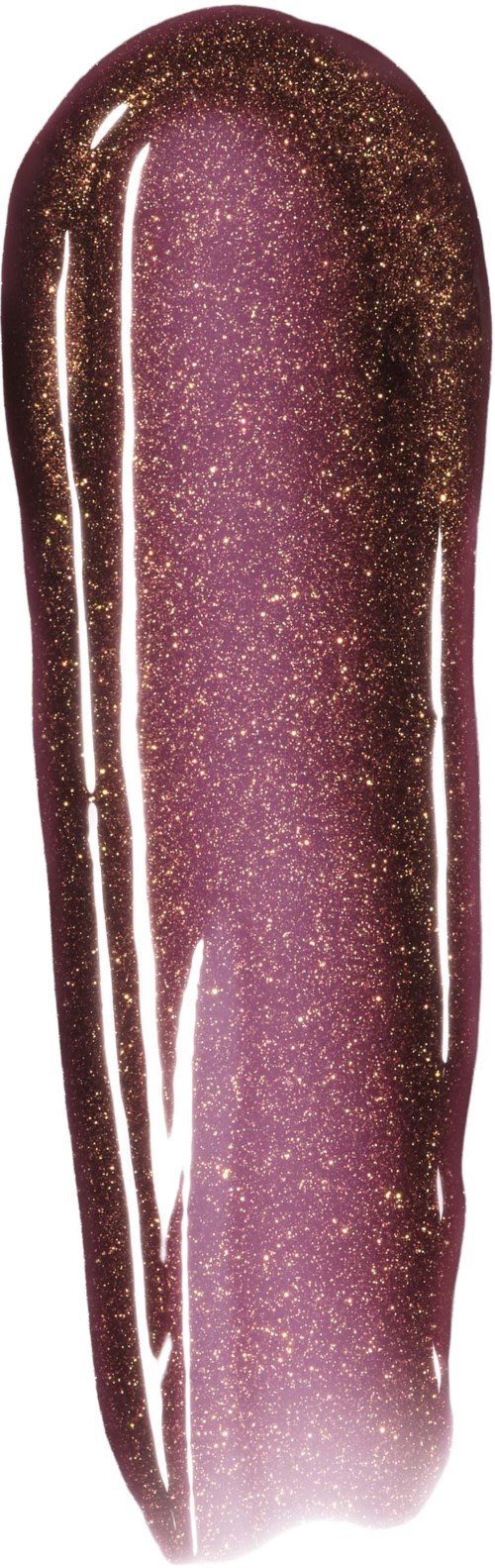 Lang, gebogen nagellakstaal met een donkerpaarse basis en gouden glitterdeeltjes.