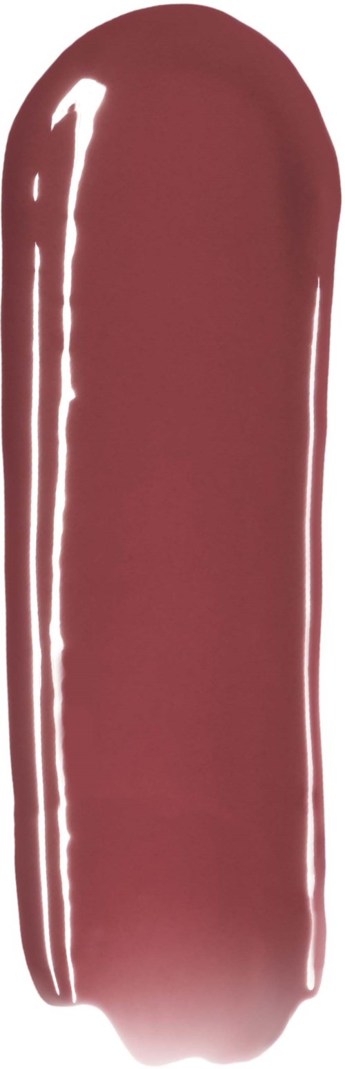 Lipstick swatch in een mauve tint op een zwarte achtergrond.