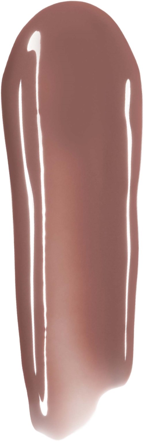 Een beige-bruin lippenstift met glanzend, glad oppervlak en ronde punt.