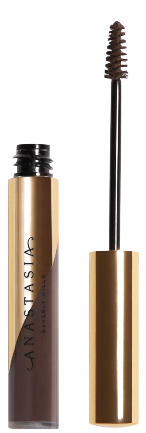 En mascara tub med en borste inuti, märkt 'Anastasia,' svart och guld i färg, stående upprätt.