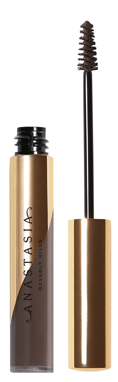 En svart mascara borste med guldkapsel och en tub märkt "ANASTASIA BEVERLY HILLS".