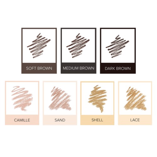 Swatches av olika bruna nyanser, inklusive mjuk, medium och mörkbrun, samt kosmetiska färger som Camille, Sand, Shell och Lace.