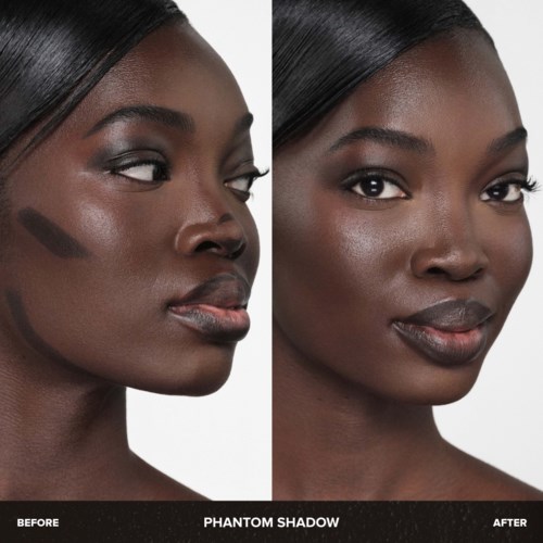 Het gezicht van een vrouw voor en na het gebruik van make-up product Phantom Shadow, met een natuurlijke en een meer verbeterde uitstraling.