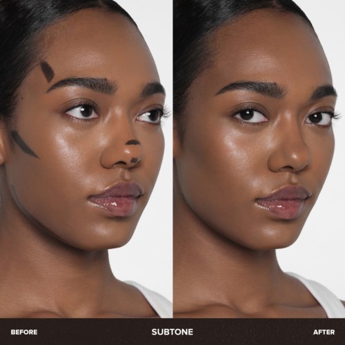 Foto naast elkaar die het gezicht van een vrouw laten zien voor en na gebruik van het huidproduct Subtone.