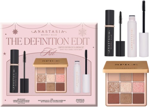Make-up set met mascara, wenbrauw gel, oogschaduw palette en verpakking, allemaal van Anastasia Beverly Hills.