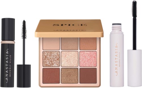 Make-up palet met negen oogschaduwkleuren, mascara en wenkbrauwgel van Anastasia Beverly Hills.