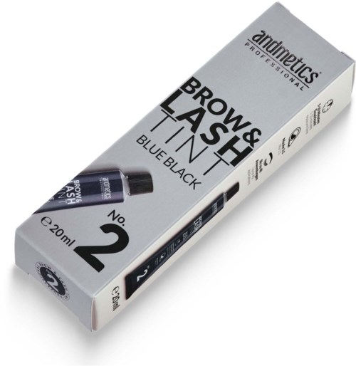 Pudełko farby do brwi, czarna i niebieska, z małą butelką i etykietami pokazującymi nazwę produktu.