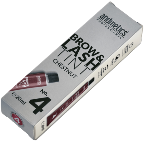 Pudełko farby do brwi i rzęs w kolorze kasztanowym od Andmetics Professional.