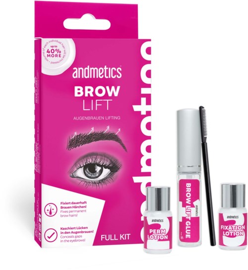 Pink box containing brow lifting kit with an illustrated eye, brow gel, and tonic bottles, and a brush.