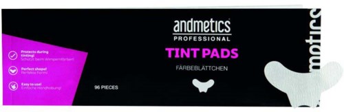 Pudełko z 96 fioletowymi płatkami do tatuażu brwi, oznaczone 'andmetics PROFESSIONAL TINT PADS'.