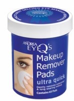 En rund förpackning med blått lock annonserar Andrea EyQ:s Makeup Remover Pads, visar ett kvinnligt öga och en vit pads.
