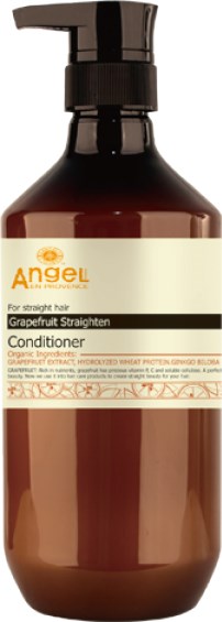 En brun flaska med pump, märkt 'Angel' och 'Grapefruit Straighten Conditioner,' för hårvård.