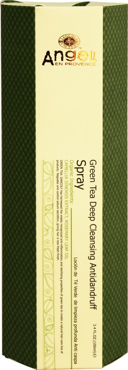 En lång grön och ljusfärgad förpackning för en grönt te djuprengörings- och detoxspray.