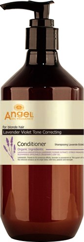 En mörkbrun flaska med pumphane som är märkt 'Angel' lavendellotion för blont hår.